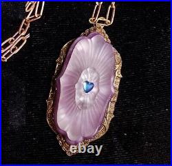 1920 Floral Camphor Glass Doublet Blue Heart Marbled Agate Paper Clip Clip Chain