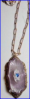 1920 Floral Camphor Glass Doublet Blue Heart Marbled Agate Paper Clip Clip Chain