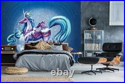 3D Blue Purple Unicorn ZHUA367 Wallpaper Wall Mural Self-adhesive Rose Khan Amy