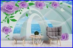 3D Purple Floral Blue Sky Sea Self-adhesive Removable Wallpaper Murals Wall