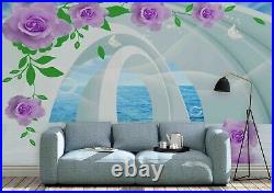 3D Purple Floral Blue Sky Sea Self-adhesive Removable Wallpaper Murals Wall