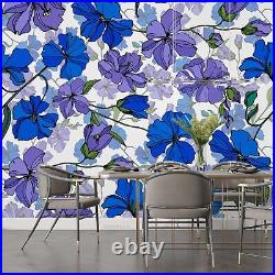 3D Watercolor Floral Blue Purple Wallpaper Wall Mural Peel and Stick Wallpaper