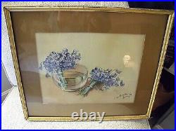 ANTIQUE 1896 Signed FLORAL WATERCOLOR PAINTING Blue Violets Flower PETERS