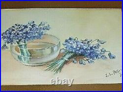 ANTIQUE 1896 Signed FLORAL WATERCOLOR PAINTING Blue Violets Flower PETERS