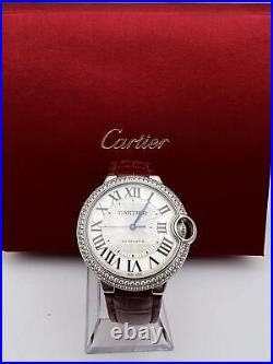Cartier Ballon Bleu WE900651 36mm 18K White Gold Diamond Bezel Leather Strap B&P