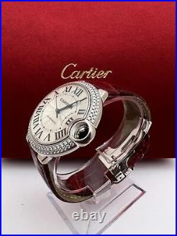 Cartier Ballon Bleu WE900651 36mm 18K White Gold Diamond Bezel Leather Strap B&P