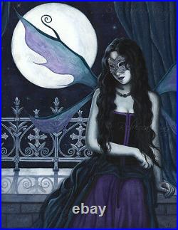 Fairy Art ORIGINAL PAINTING Gothic Mask Masquerade moon Blue Purple Teal Night