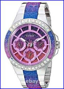 Guess Gemmed Bezel Multifunction pink Dial blue Women's steel Watch U0945L1