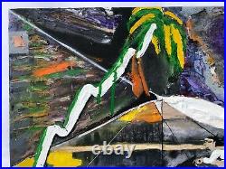 IT'S A FISH'S LIFE 2 Green Purple Blue Waterskiing Collage Painting Original