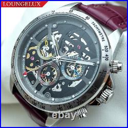 Mens Automatic Mechanical Watch Date Day Watch Silver Black Purple Leather