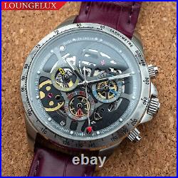 Mens Automatic Mechanical Watch Date Day Watch Silver Black Purple Leather