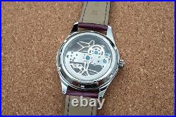 Mens Flywheel Bridge Movement Automatic Mechanical Watch Silver Purple Leather