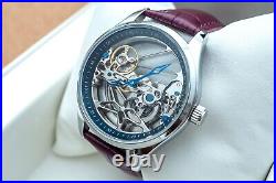 Mens Flywheel Bridge Movement Automatic Mechanical Watch Silver Purple Leather