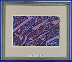 Monotypie Abstract Composition Purple Blue Red Signed Rebecca Cabo