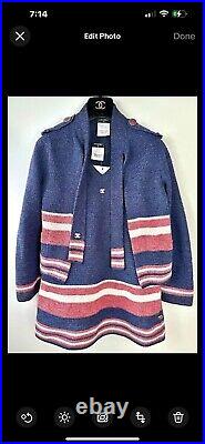 New Chanel 2016 Blue Pink Sparkle Stripe Military Bow Jacket 34 36 2 4 Coat S