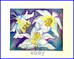 Painting Watercolor Original Art Columbine Flowers Blue Purple 11x14 Mat 16x20
