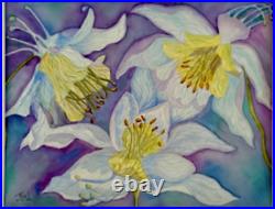 Painting Watercolor Original Art Columbine Flowers Blue Purple 11x14 Mat 16x20