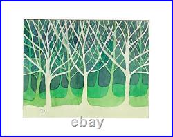 Painting Watercolor Original Art Summer Trees Green Blue Purple 11x14 Mat 16x20