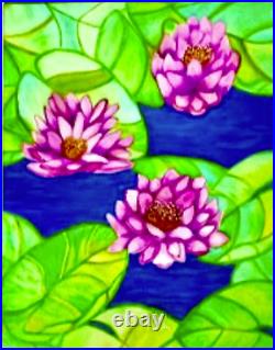 Painting Watercolor Original Art Water Lily Flower Purple Pink 11x14 Mat 16x20